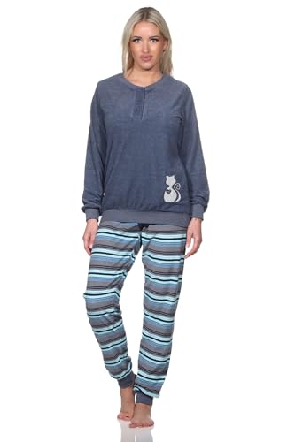 Normann Damen Frottee Pyjama Hose gestreift - süsses Tiermotiv - auch in Übergrössen, Farbe:blau-Mel., Größe:48-50 von Normann