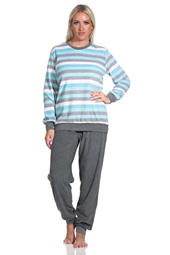 Normann Damen Frottee Pyjama Langarm mit Bündchen in Blockstreifenoptik - auch in Übergrößen, Farbe:türkis, Größe:60/62 von Normann