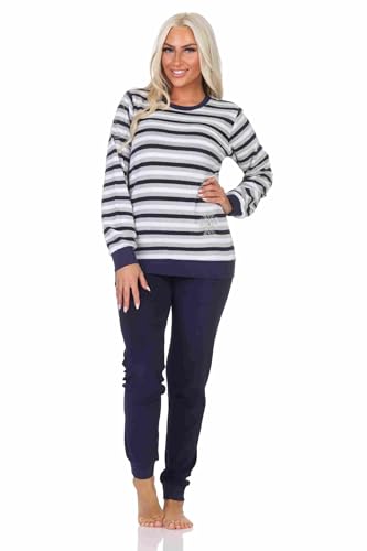 Normann Damen Frottee Schlafanzug lang, Pyjama in Ringel-Optik und Eiskristall-Motiv, Farbe:Navy, Größe:36-38 von Normann