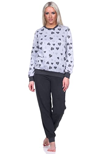 Normann Damen Frottee Schlafanzug mit Bündchen Pyjama in toller Herz Optik - auch in Übergrößen, Farbe:grau-Melange, Größe:60/62 von Normann