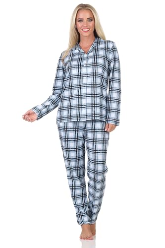 Normann Damen Jersey Pyjama Langarm zum durchknöpfen in Karo Optik - auch in Übergröße, Farbe:hellblau, Größe:52-54 von Normann