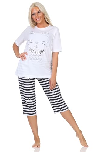 Normann Damen Kurzarm Capri Schlafanzug Pyjama in Katzen Optik - auch in Übergrößen, Farbe:weiß, Größe:40-42 von Normann