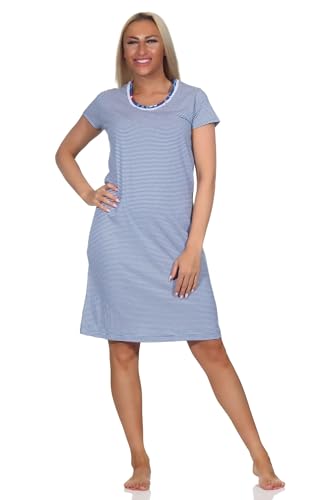 Normann Damen Kurzarm Nachthemd gestreift mit Spitzenbesatz - auch in Übergröße, Farbe:Marine, Größe:60-62 von Normann