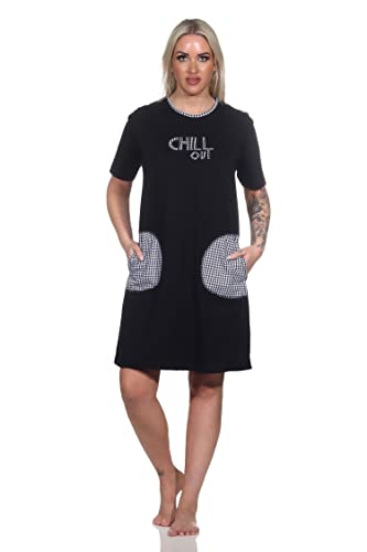 Normann Damen Kurzarm Nachthemd mit aufgesetzten Taschen - auch in Übergrößen, Farbe:schwarz, Größe:44-46 von Normann