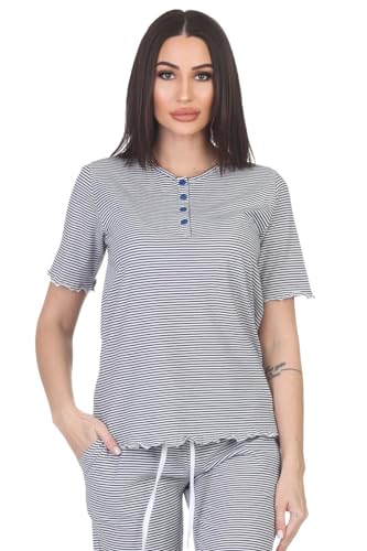 Normann Damen Kurzarm Schlafanzug Oberteil Pyjama Shirt Mix & Match - ideal zu kombinieren, Farbe:Streifen_Marine, Größe:48-50 von Normann