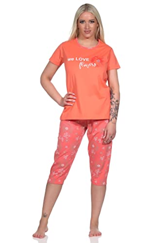 Normann Damen Kurzarm Schlafanzug Pyjama mit Caprihose in geblümter Optik, Farbe:apricot, Größe:36-38 von Normann