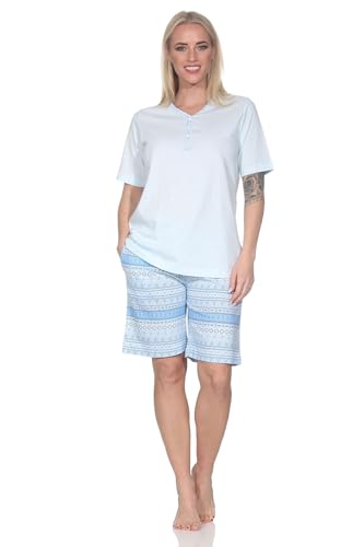 Normann Damen Kurzarm Schlafanzug Shorty Pyjama im Ethnolook - auch in Übergrössen, Farbe:hellblau1, Größe:44-46 von Normann