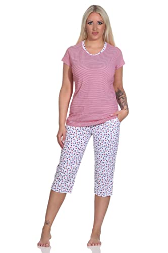 Normann Damen Kurzarm Schlafanzug mit Caprihose, Top gestreift, Hose floral Bedruckt, Farbe:rot, Größe:48-50 von Normann