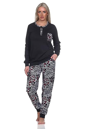 Normann Damen Kuschel Interlock Schlafanzug mit Bündchen in Animal-Print-Optik, Farbe:schwarz, Größe:60-62 von Normann