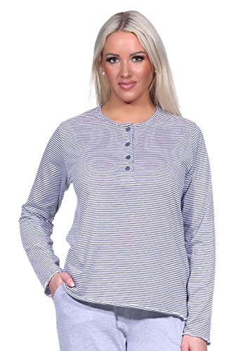 Normann Damen Langarm Schlafanzug Pyjama Oberteil Shirt Mix & Match in Streifenoptik, Farbe:blau-Melange, Größe:36-38 von Normann