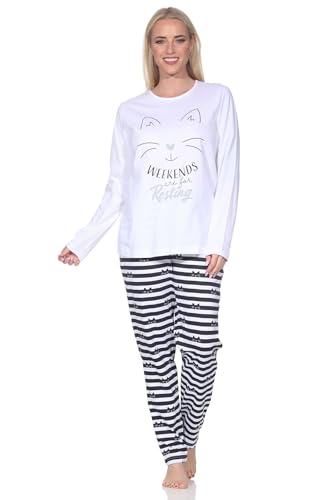 Normann Damen Langarm Schlafanzug Pyjama in Katzen Optik - auch in Übergröße, Farbe:weiß, Größe:56-58 von Normann