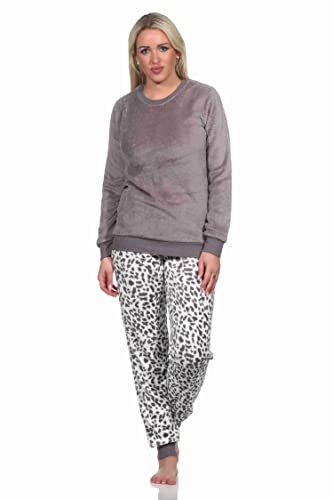 Normann Damen Langarm Schlafanzug Pyjama mit Bündchen aus Coralfleece im Animal Look, Farbe:braun, Größe:36/38 von Normann