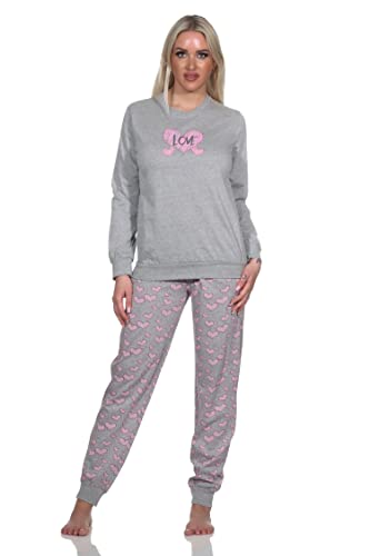 Normann Damen Langarm Schlafanzug mit Bündchen in Herz Motiv Optik - auch in Übergrössen, Farbe:grau-Mel., Größe:56-58 von Normann