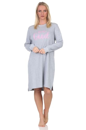 Normann Damen Nachthemd Langarm in Kuschel Interlock Qualität mit Frontprint, Farbe:grau-Mel., Größe:40-42 von Normann