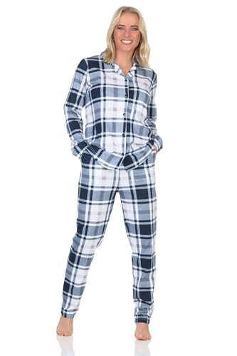 Normann Damen Pyjama Jersey zum durchknöpfen in Karo Optik - auch in Übergrößen, Farbe:Marine, Größe:52-54 von Normann