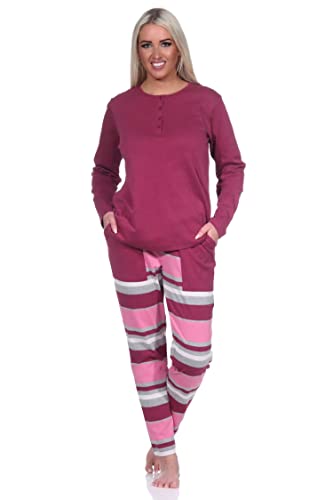 Normann Damen Pyjama lang Schlafanzug mit gestreifter Hose in kuscheliger Interlock Qualität, Farbe:Beere, Größe:36/38 von Normann