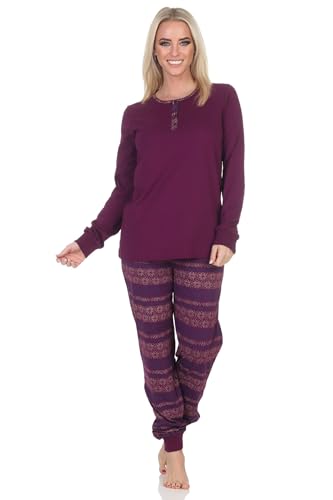 Normann Damen Pyjama lang mit Bündchen im Ethnolook - auch in Übergrößen, Farbe:Beere, Größe:56-58 von Normann
