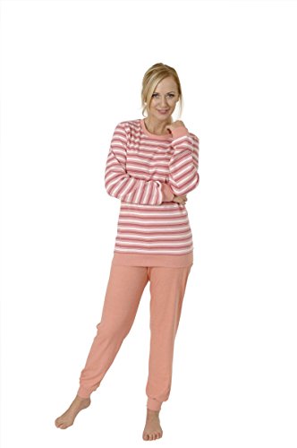 Normann Damen Pyjama mit Rundhals, Gestreiftes Oberteil, Uni Hose, Apricot, 54011, Gr. S 36/38 von Normann