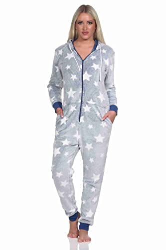 Normann Damen Schlafanzug Jumpsuit Overall in Sterneoptik aus kuschelig warmen Coralfleece, Farbe:blau, Größe:40/42 von Normann
