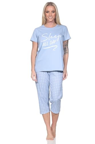 Normann Damen Schlafanzug Kurzarm Pyjama mit Capri-Pyjamahose in Gepunkteter Optik, Farbe:blau, Größe:40-42 von Normann