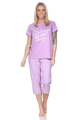 Normann Damen Schlafanzug Kurzarm Pyjama mit Capri-Pyjamahose in Gepunkteter Optik, Farbe:lila, Größe:44-46 von Normann