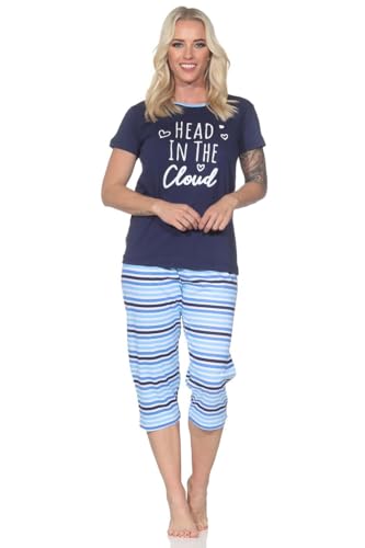 Normann Damen Schlafanzug Kurzarm Pyjama mit Capri-Pyjamahose in Streifenoptik, Farbe:Navy, Größe:40-42 von Normann