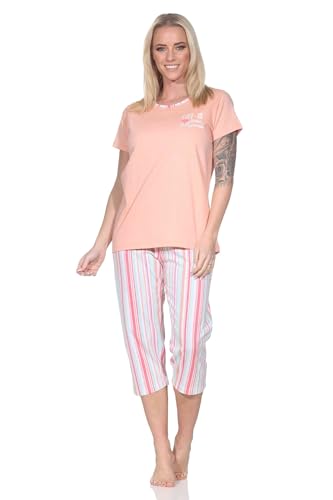 Normann Damen Schlafanzug Kurzarm Pyjama mit Capri-Pyjamahose in Streifenoptik, Farbe:apricot, Größe:48-50 von Normann