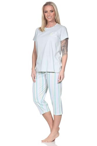 Normann Damen Schlafanzug Kurzarm Pyjama mit Capri-Pyjamahose in Streifenoptik, Farbe:grün, Größe:48-50 von Normann