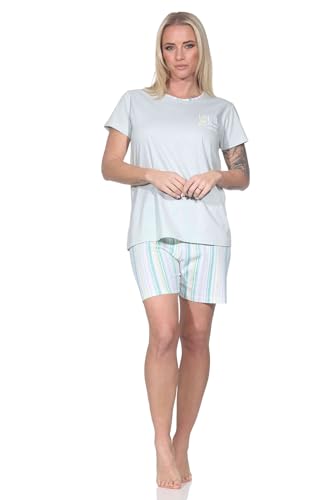 Normann Damen Schlafanzug Kurzarm Shorty Pyjama mit kurzer Pyjamahose in Streifenoptik, Farbe:grün, Größe:44-46 von Normann