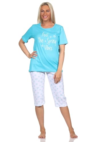 Normann Damen Schlafanzug Kurzarm Shorty mit Pyjama Capri-Hose in Herz Optik, Farbe:hellblau, Größe:44-46 von Normann