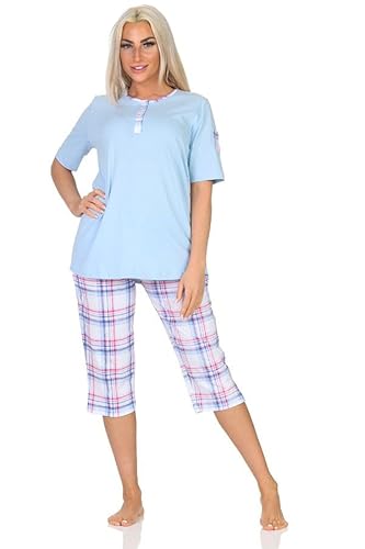 Normann Damen Schlafanzug Kurzarm mit Karierter Capri Hose - auch in Übergröße, Farbe:hellblau, Größe:60-62 von Normann