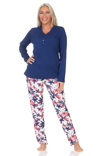 Normann Damen Schlafanzug Langarm Pyjama in floralem Design auch in Übergrössen, Farbe:Navy, Größe:36-38 von Normann