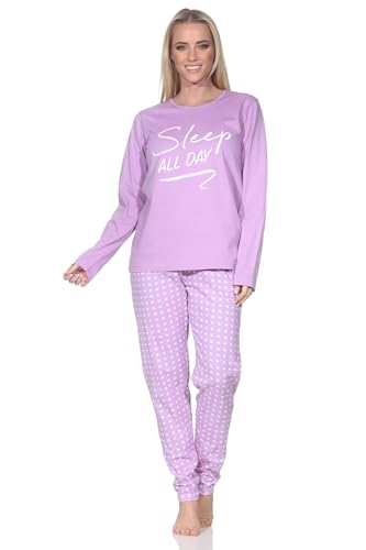 Normann Damen Schlafanzug Langarm Pyjama mit Gepunkteter Pyjamahose und mit Frontprint, Farbe:lila, Größe:48-50 von Normann