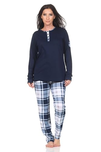 Normann Damen Schlafanzug Langarm mit Karierter Jersey Hose - auch in Übergröße, Farbe:Marine, Größe:52-54 von Normann