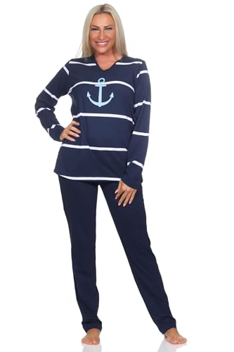 Normann Damen Schlafanzug lang in maritimer Optik mit Anker Motiv - auch in Übergrössen, Farbe:Marine, Größe:40-42 von Normann