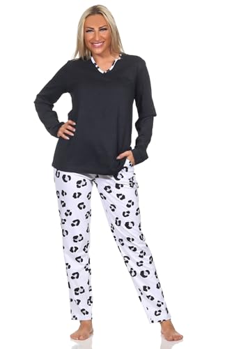 Normann Damen Schlafanzug lang Pyjama aus weichem Jersey mit Tiermotiv, Farbe:anthrazit-Mel., Größe:44-46 von Normann