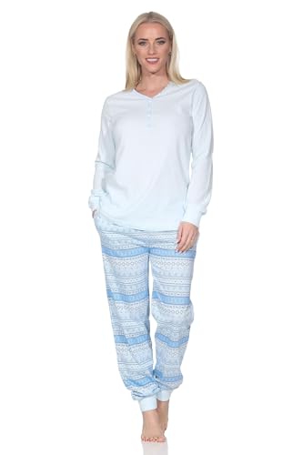 Normann Damen Schlafanzug lang Pyjama mit Bündchen im Ethnolook - auch in Übergrößen, Farbe:hellblau, Größe:40-42 von Normann