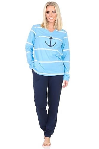 Normann Damen Schlafanzug lang in maritimer Optik mit Anker Motiv - auch in Übergrössen, Farbe:hellblau, Größe:52-54 von Normann
