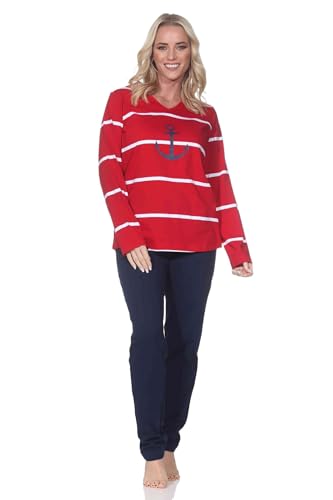 Normann Damen Schlafanzug lang in maritimer Optik mit Anker Motiv - auch in Übergrössen, Farbe:rot, Größe:48-50 von Normann
