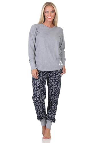 Normann Damen Schlafanzug lang mit Bündchen in maritimer Optik - auch in Übergrössen, Farbe:grau, Größe:52-54 von Normann