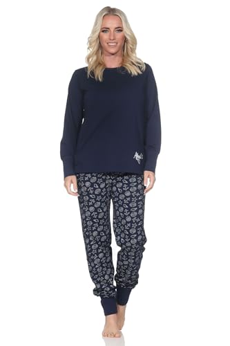 Normann Damen Schlafanzug lang mit Bündchen in maritimer Optik - auch in Übergrössen, Farbe:marine2, Größe:60-62 von Normann