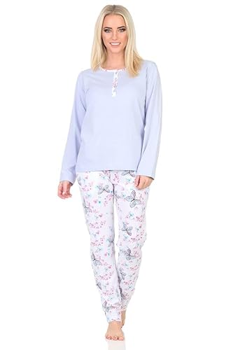 Normann Damen Schlafanzug lang mit Pyjamahose in floralem Schmetterlings Print, Farbe:hellblau, Größe:40-42 von Normann