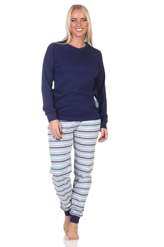 Normann Damen Schlafanzug mit Bündchen Kuschel Interlock Qualität mit Tiermotiv, Farbe:Marine, Größe:44-46 von Normann