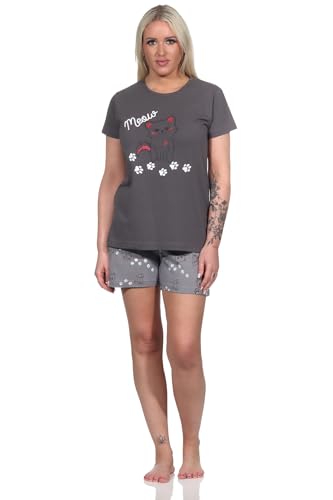 Normann Damen Shorty Pyjama, niedlicher Schlafanzug mit Katzen-Motiv - 122 205 10 751, Farbe:dunkelgrau, Größe:44-46 von Normann