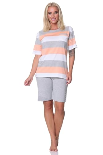 Normann Damen Shorty Pyjama Kurzarm in Blockstreifenoptik - auch in Übergrössen, Farbe:apricot, Größe:36-38 von Normann
