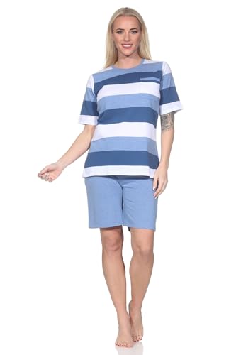 Normann Damen Shorty Pyjama Kurzarm in Blockstreifenoptik - auch in Übergrössen, Farbe:blau-Mel., Größe:48-50 von Normann