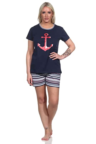 Normann Damen Shorty Pyjama mit Anker-Motiv und gestreiften Shorts - 122 205 10 755, Farbe:Navy, Größe:36-38 von Normann