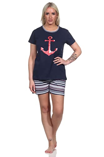 Normann Damen Shorty Pyjama mit Anker-Motiv und gestreiften Shorts - 122 205 10 755, Farbe:Navy, Größe:44-46 von Normann