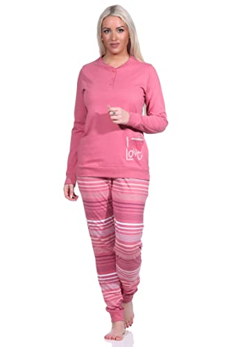 Normann Eleganter Damen Pyjama mit Bündchen und gestreifter Hose + Herzmotiv - auch in Übergrössen, Farbe:Altrose, Größe:48/50 von Normann