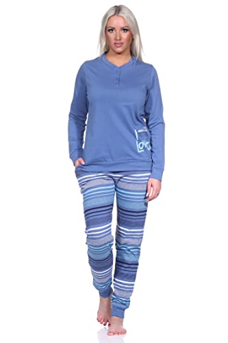 Normann Eleganter Damen Pyjama mit Bündchen und gestreifter Hose + Herzmotiv - auch in Übergrössen, Farbe:blau-Melange, Größe:36/38 von Normann